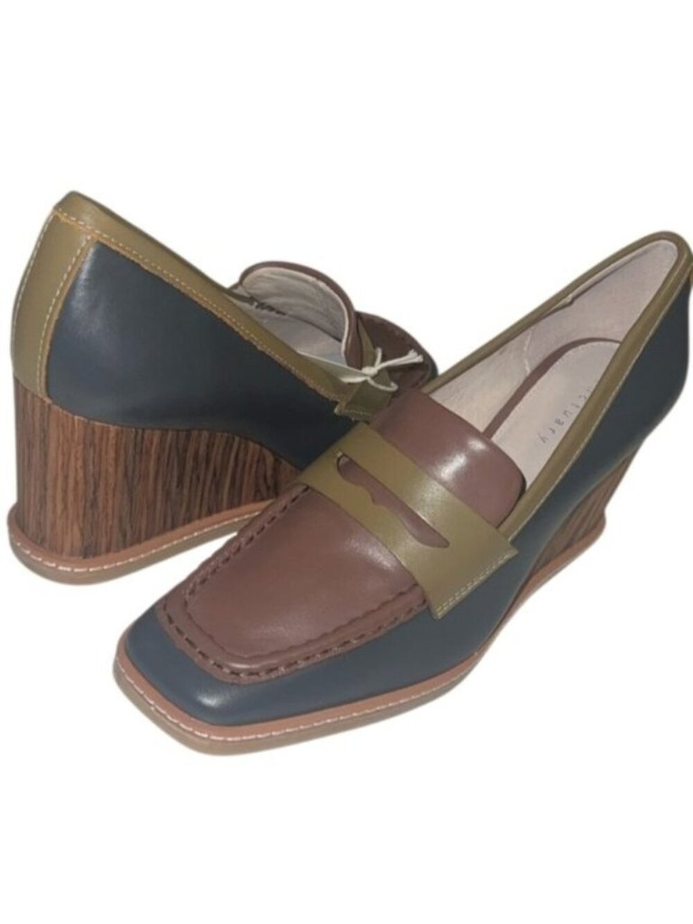 Sanctuary Cadence Brown Blue Color Block Wood Heel Wedge Loafer Size 7.5 NIB